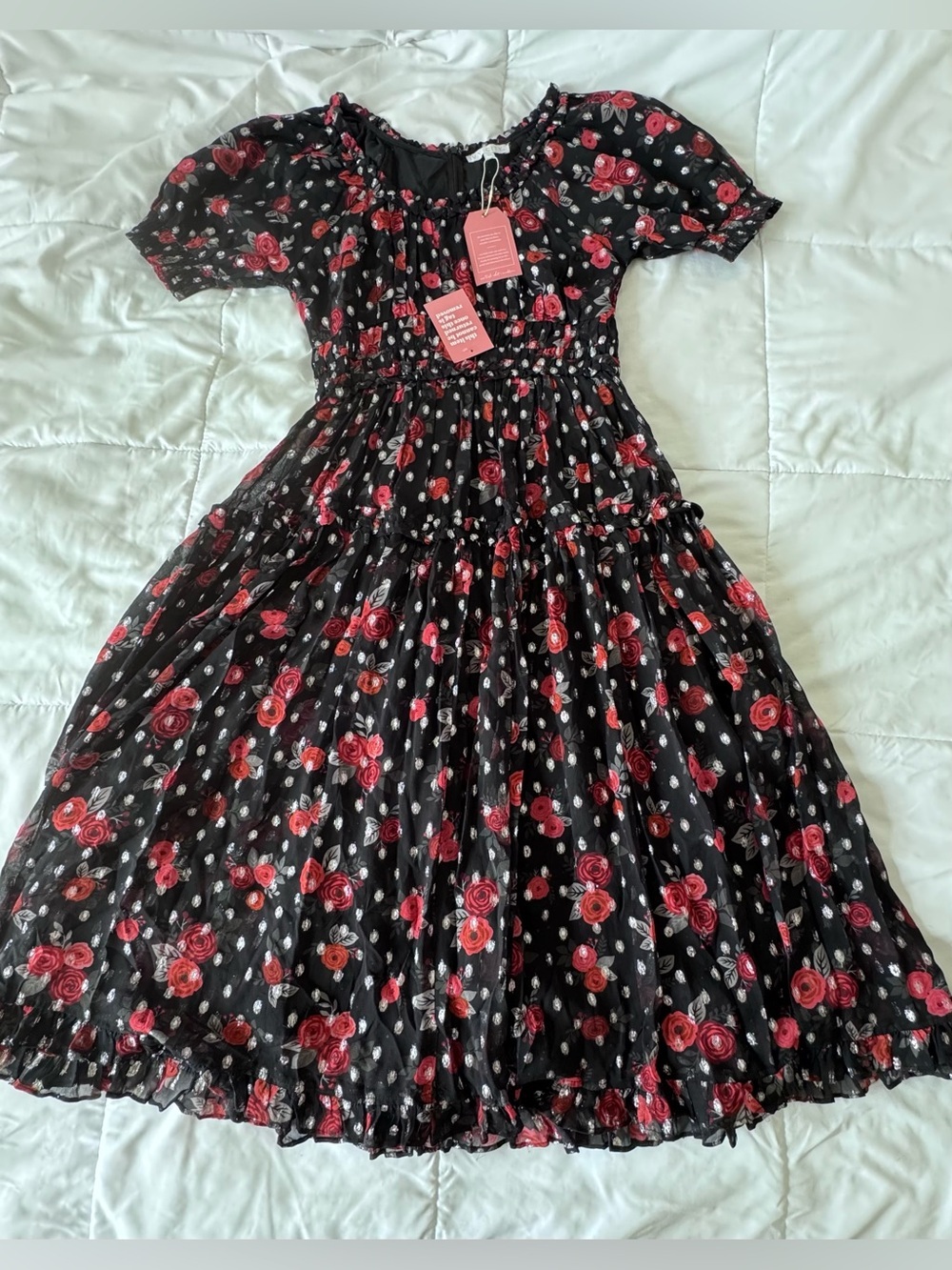 Ivy City Co Black Maxi Dress with Red Floral Print and silver polka dots. - Picture 9 of 10